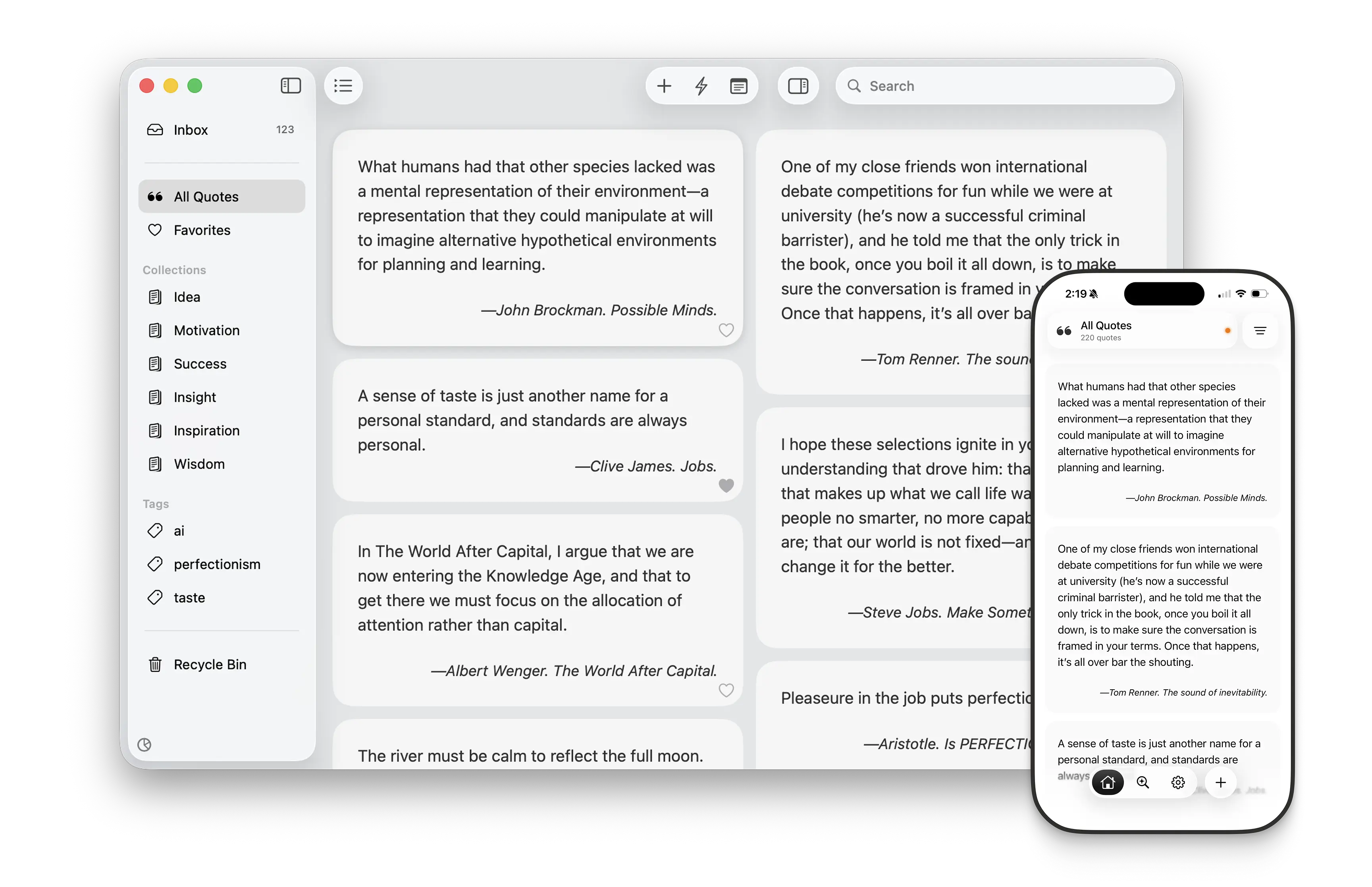 The Quotes App Hero Image: Best local-first app for organizing reading highlights and notes. Capture quotes from books and Kindle, manage and search with ease, revisit your thoughts and ideas, and bring insights into everyday life.