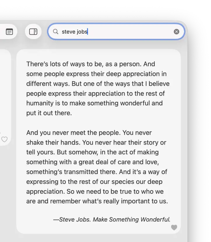 Full-text quote, note, and source search interface